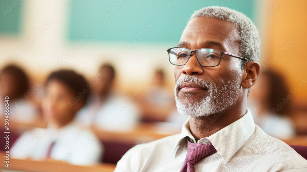 Professor in classroom, engaged in teaching with attentive students around him Professor in classroom, engaged in teaching with attentive students around him