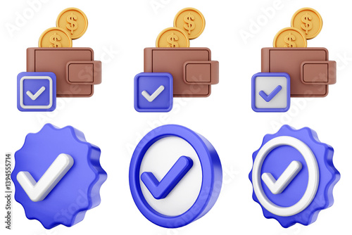 3d verification check mark approve success icon set bundle