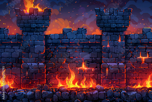 Burning Castle Stone Wall At Night With Fiery Glow And Pixel Art Style For Game Design and Fantasy Background