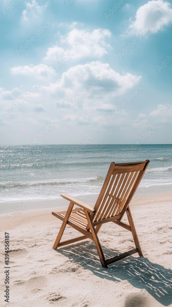 Beach chair on sandy shore overlooking ocean, clear sky and scattered clouds in background Beach chair on sandy shore overlooking ocean, clear sky and scattered clouds in background