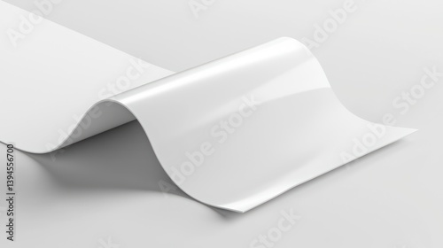 Blank white glossy paper, banner, or vinyl sheet with curved edges on a light gray background.