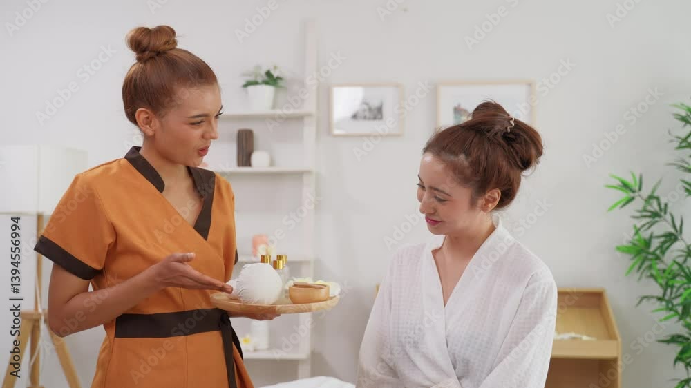 Asian female masseuse recommend spa treatment packages for customer. Asian female masseuse recommend spa treatment packages for customer.
