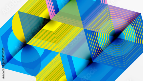 Abstract geometric composition. Overlapping shapes create dynamic visual effect. Bright colors, lines, angles define modern design. Minimalist aesthetic, clean presentation.