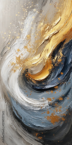 Abstract Black, White, and Gold Oil Painting with Textured Brush Strokes, Elegant Contemporary Art, Modern Abstract Design, Luxury Wall Decor, High-End Art Piece