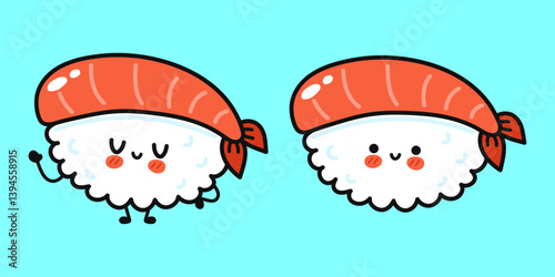 Two happy sushi characters with cute expressions stand on a blue background, perfect for food-related content.