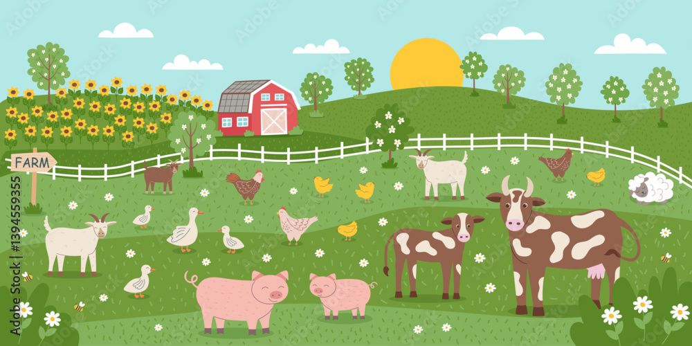 Naklejka premium Sustainable and regenerative farming concept banner. Gardening nature landscape. The concept of agriculture. Farmhouse, garden, livestock and pasture. Vector hand drawn background.
