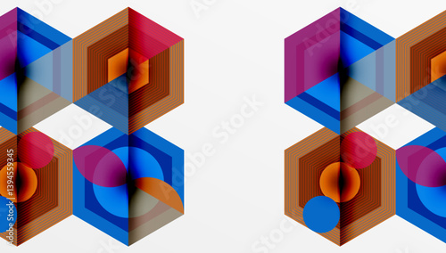 Geometric patterns dominate image. Hexagons, rectangles intersect creating complex visual effect. Vibrant blues, reds, oranges blend seamlessly. Modern design, clean lines present abstract composition