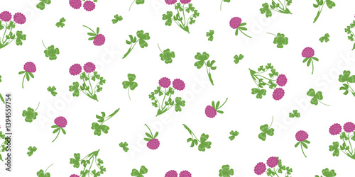 Gardening, spring and  nature concept seamless pattern. Nature floral background of clover leaves and flowers isolated on white background. Cover crop concept. Vector flat banner.