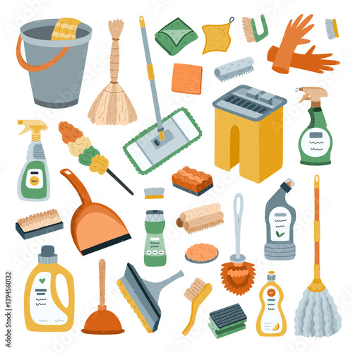 Cute cartoon set with cleaning supplies and detergent products. Hand drawn collection of spray bottle, brush, mop, chemical liquids, sponges. Funny clipart of tools to wash and cleanse apartment.