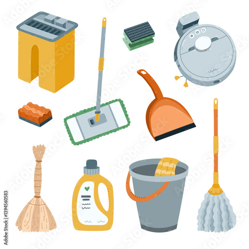 Childish cartoon cleaning apartment set with household tools. Hand drawn bucket, mop, dustpan, robot vacuum cleaner, laundry gel, broom, scrubbing sponges. Funny colorful washing clipart isolated.