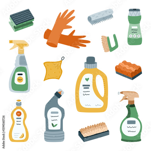 Lovely cartoon set with washing bottles and supplies. Hand drawn laundry and dishwashing gel, rubber gloves, sponges, rags, dispenser. Funny sanitize clipart isolated on background.