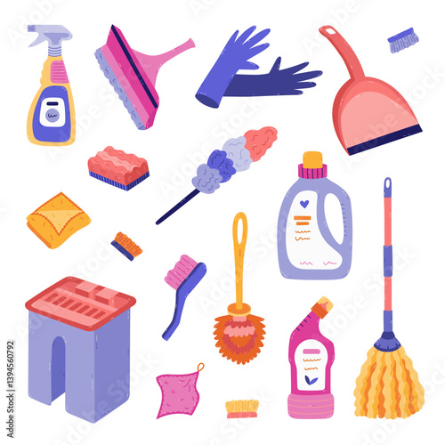 Cartoon set with washing tools for cleansing home in trendy vivid colors. Hand drawn bucket, dustpan, rubber gloves, window scraper, pipidaster. Funny chores devices clipart isolated on background.