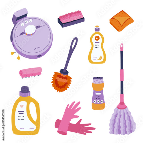 Trendy cartoon set with washing apartment tools and detergent products. Hand drawn robot vacuum cleaner, toilet brush, mop, pair of rubber gloves, laundry gel. Multicolored cleansing clipart isolated.