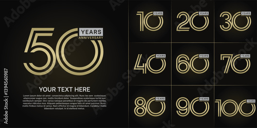 Anniversary logo type set with double line number. golden and silver color can be use special moment