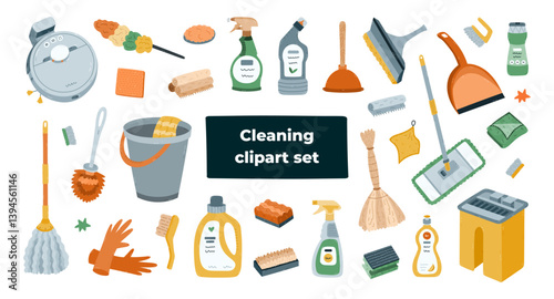 Big colourful cartoon set with washing tools, products to cleanup dust, dirt, viruses. Hand drawn bucket, rubber gloves, laundry gel, brushes. Funny housekeeping clipart isolated on white background.