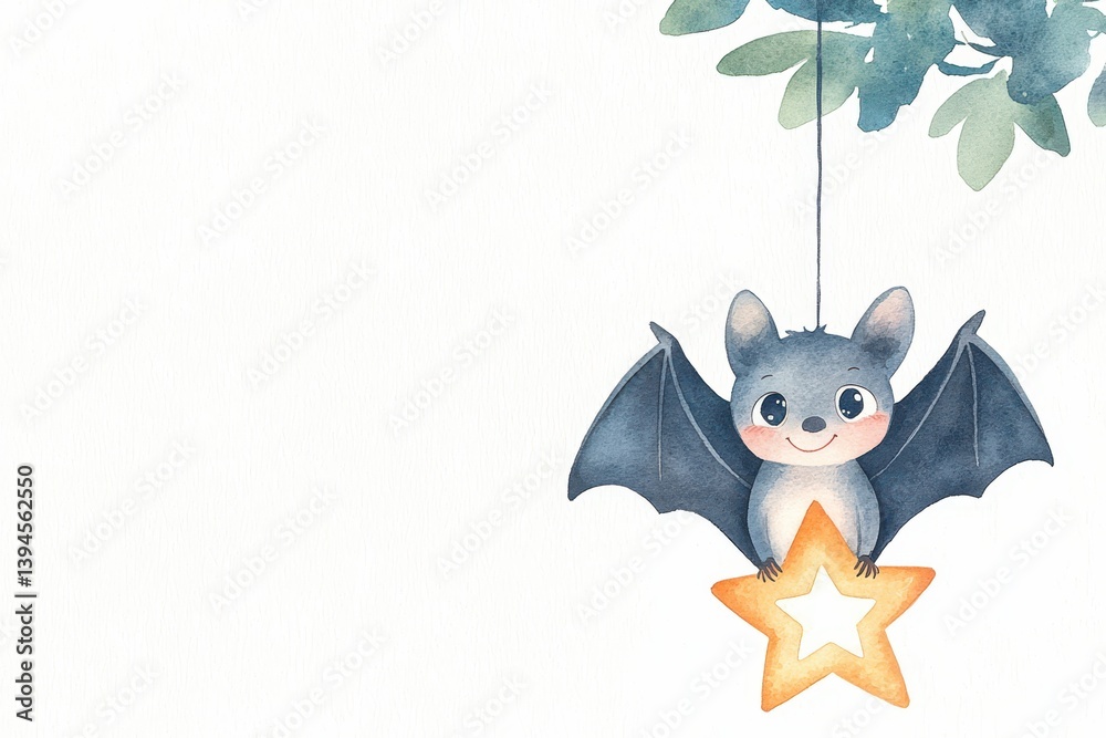 Fototapeta premium Watercolor bat hanging from star whimsical scene children's art cute environment playful perspective