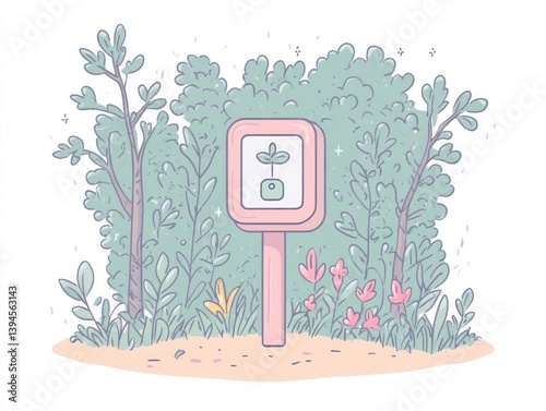 A signpost in a lush garden, showcasing a sprouting plant