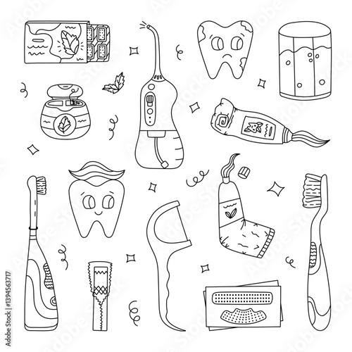 Childish sketch teeth treatment set with dentistry products and tools. Hand drawn doodle of electric toothbrush, holder dental floss, irrigator, cute tooth character. Stomatology concept isolated.