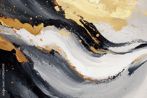 Abstract Black and White Painting with Gold Accents, Fluid Shapes, Dark Gray Background, Wispy White Clouds, and Marble Texture Creating a Unique Modern Art Piece