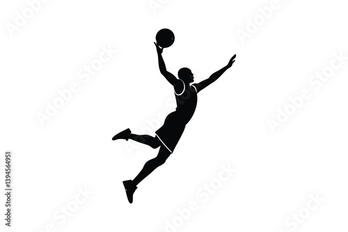 Silhouette art illustration of a basketball player jumping mid-air for a slam dunk.eps