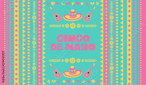 Vibrant Cinco de Mayo 2025 banner design with sombreros, guitars, flowers, and Mexican decorations in folk art style. Perfect for Mexican party invites, carnival and festive promotions. 