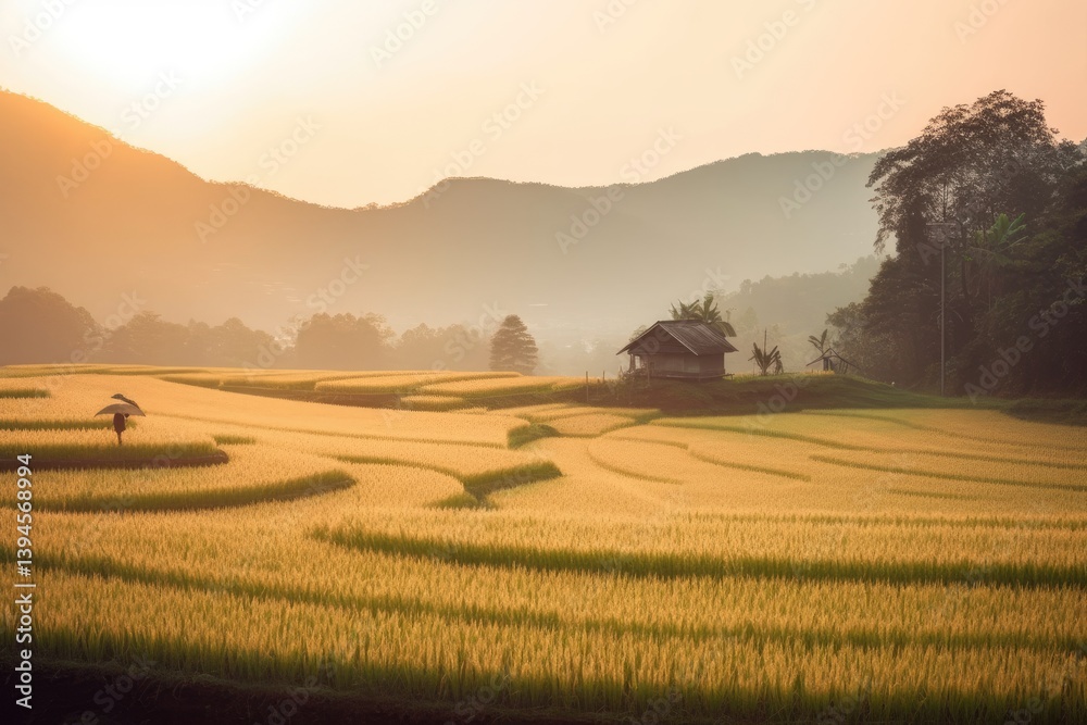 Fototapeta premium Rice paddies glow, small hut sits against mountains at dawn, peaceful scenery, nature background