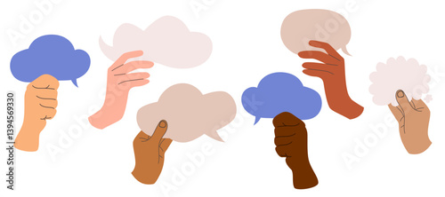 Colorful inclusive illustration of various hands holding speech bubbles vector drawing. Communication, dialogue, and social interaction concept designs