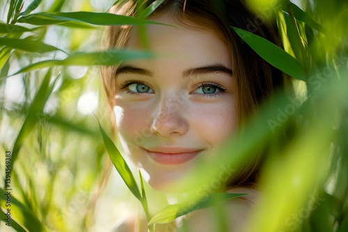 Portrait of a beautiful young girl with blue eyes surrounded by green leaves in a serene natural setting