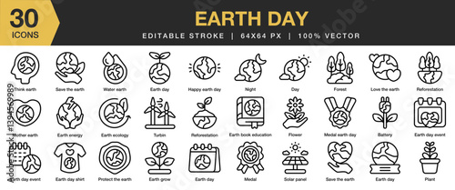 Earth Day icon set. Editable Stroke Icon Collection. Includes earth, environment, nature, green, day, ecology, and More. Outline icons vector collection.