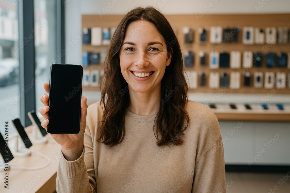 Smiling woman showcasing smartphone.