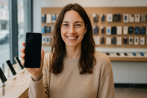 Obraz na płótnie Smiling woman showcasing smartphone. w salonie