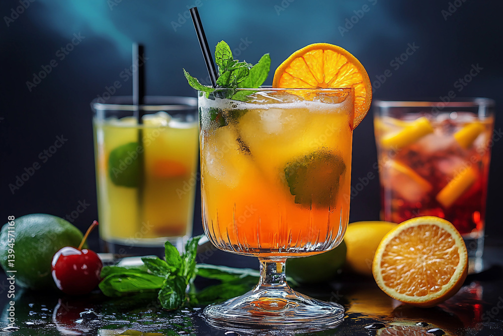 Fototapeta premium Colorful selection of classic and unusual cocktails with garnish on bar counter in elegant glasses, generative ai