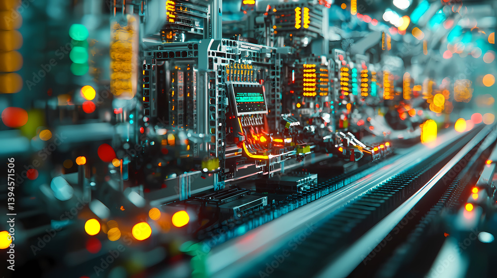 Obraz premium A vivid close-up of a futuristic technology scene featuring intricate machinery, glowing lights, and a complex network of circuits.