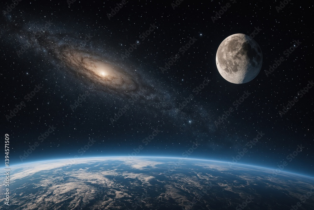 Fototapeta premium Cosmic view: Earth, galaxy, moon.
