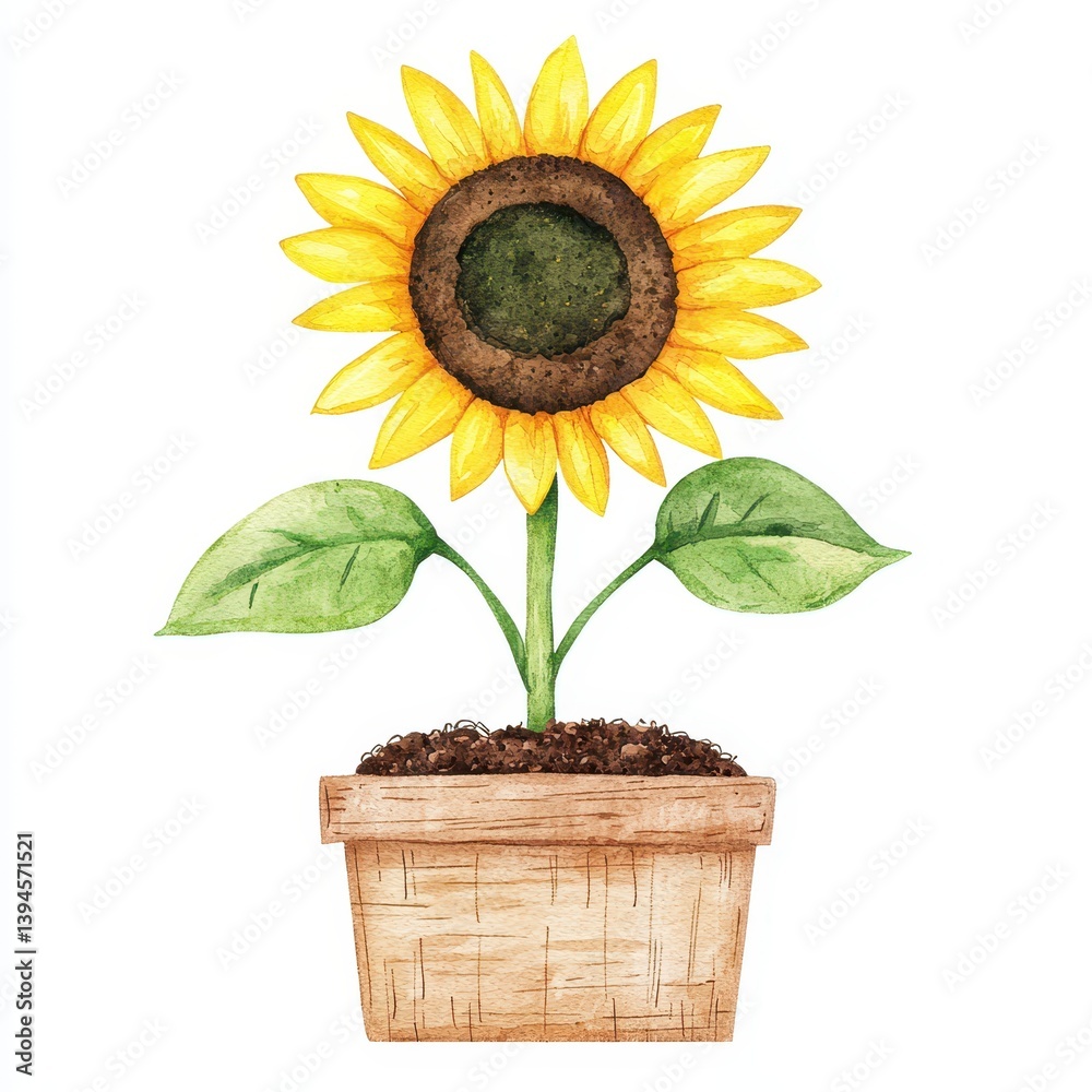 Obraz premium Vibrant sunflower in a pot indoor plant watercolor art bright environment eye-level view nature concept