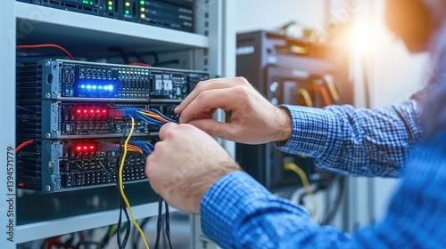 System administrator connecting network cables in data center server room