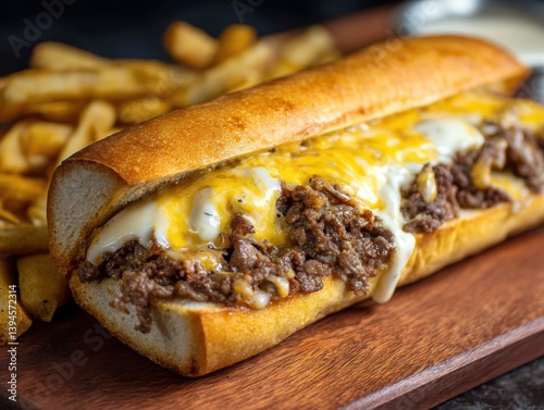 a tempting, up-close shot of a mouthwatering Philly cheesesteak sandwich with melted cheese, juicy steak, and golden french fries