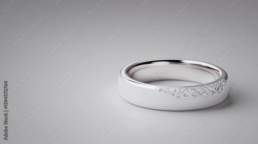 A silver ring with embedded diamonds resting on a smooth grey surface, minimalist composition with soft lighting, and elegant jewelry display.