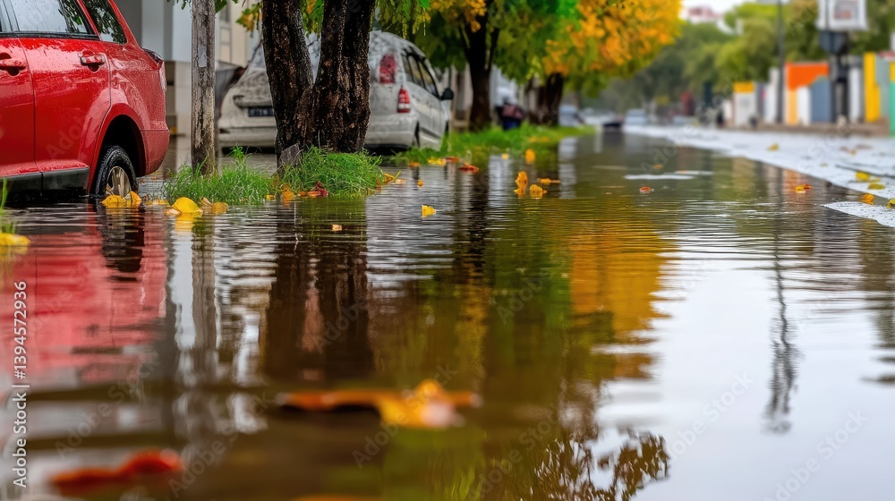 custom made wallpaper toronto digitalUrban Streetscape after Rainfall with Reflections and Autumnal Coloration