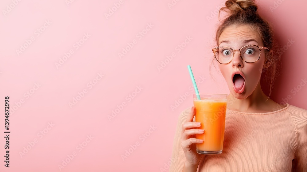 A blonde girl holding an orange juice glass with surprise, standing against a pink backdrop, capturing youthful energy and excitement through her wide-eyed expression. A blonde girl holding an orange juice glass with surprise, standing against a pink backdrop, capturing youthful energy and excitement through her wide-eyed expression.