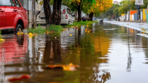 Urban Streetscape after Rainfall with Reflections and Autumnal Coloration