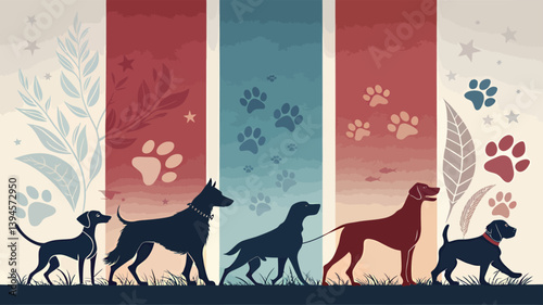 Silhouette of various dog breeds walking proudly against a colorful backdrop.