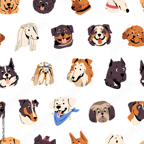 Repeatable pattern of different dog avatars. Endless background of happy muzzles of various puppies. Funny portraits of smiling pups, faces of fluffy pets, doggies. Flat seamless vector illustration