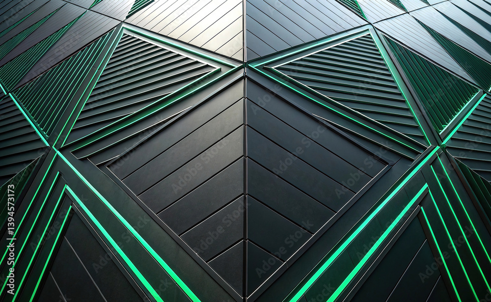 Black and dark green abstract background. Geometric symmetry. Line, stripe, 3D angle. Gradient color futuristic design.