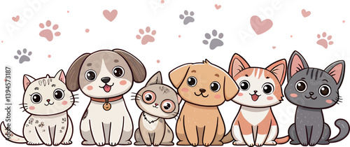 Adorable diverse pets sit together, showcasing friendship and playfulness.