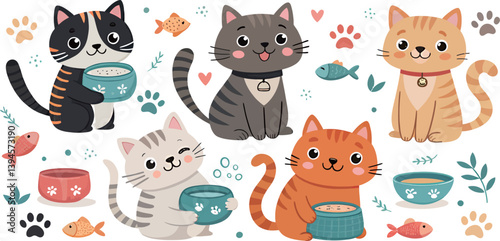 A cheerful collection of animated cats enjoying their meal time.