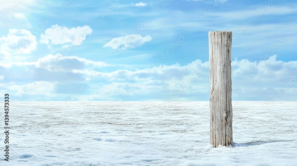 Wooden Post Amidst Vast Plain Under a Sunny Sky, Isolated in the landscape Wooden Post Amidst Vast Plain Under a Sunny Sky, Isolated in the landscape