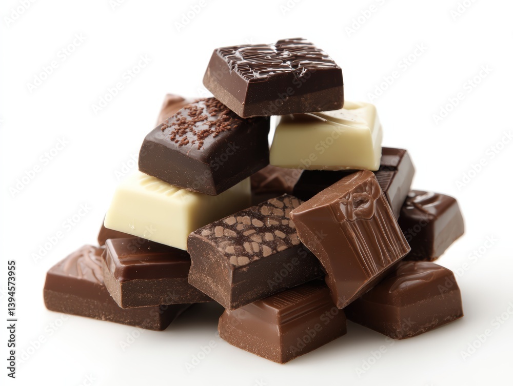 An artful arrangement of various chocolate pieces, showcasing diverse textures and hues, promising a delightful sensory experience. An artful arrangement of various chocolate pieces, showcasing diverse textures and hues, promising a delightful sensory experience.