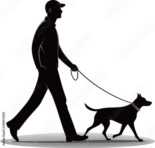 A silhouette of a man walking a dog on a reflective surface.
