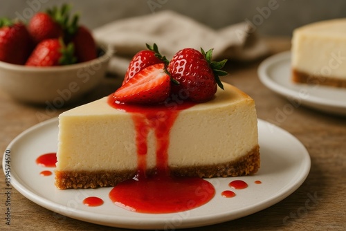 Delicious cheesecake with fresh strawberries.
